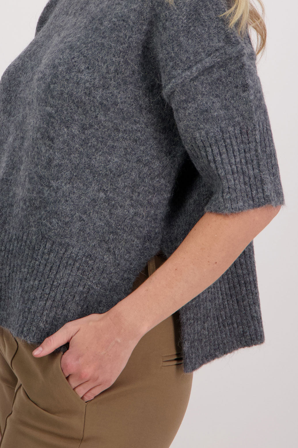 Charcoal Alpaca/Wool blend top with elbow length sleeves and drop shoulder. Virginia