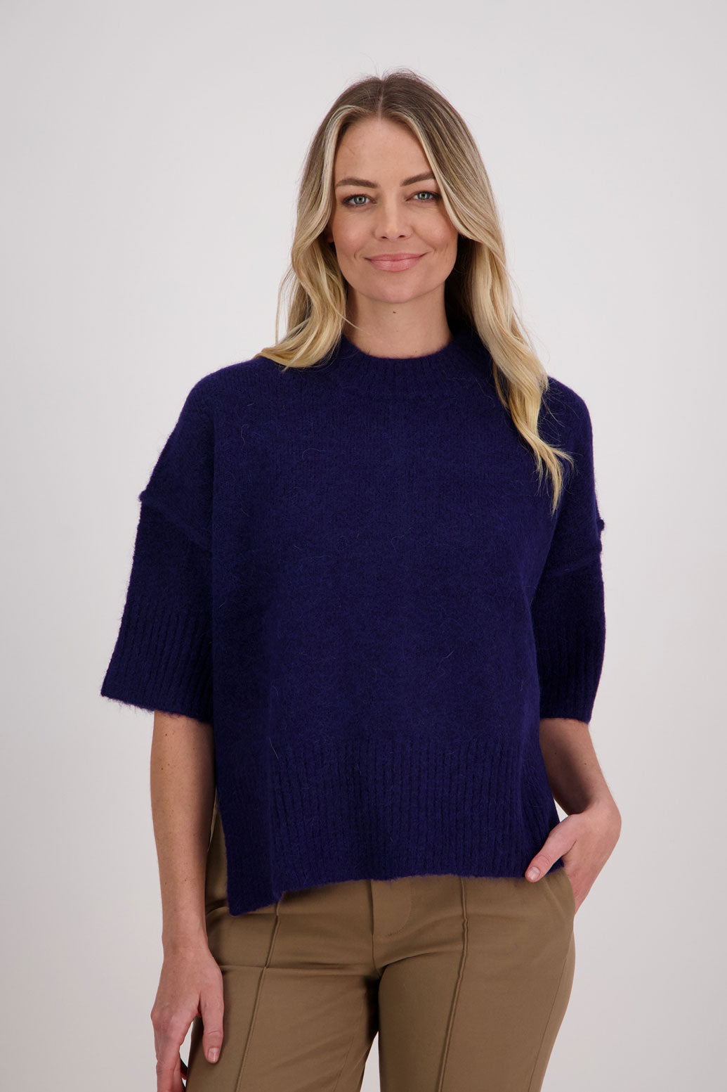 Ink/Dark Blue Alpaca/Wool blend top with elbow length sleeves and drop shoulder. Virginia