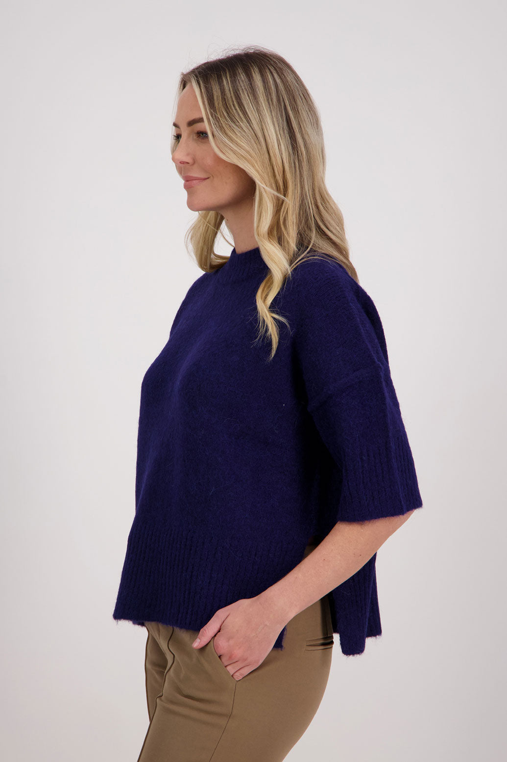 Ink/Dark Blue Alpaca/Wool blend top with elbow length sleeves and drop shoulder. Virginia