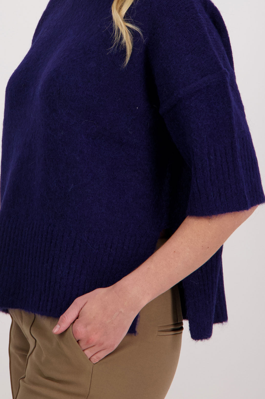 Ink/Dark Blue Alpaca/Wool blend top with elbow length sleeves and drop shoulder. Virginia