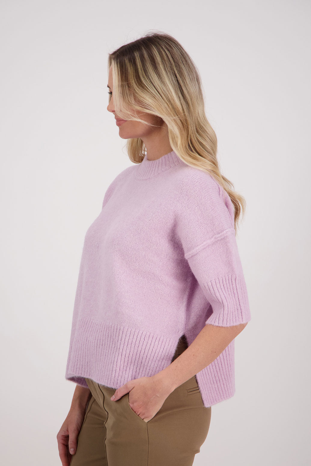 Pink/Mauve Alpaca/Wool blend top with elbow length sleeves and drop shoulder. Virginia