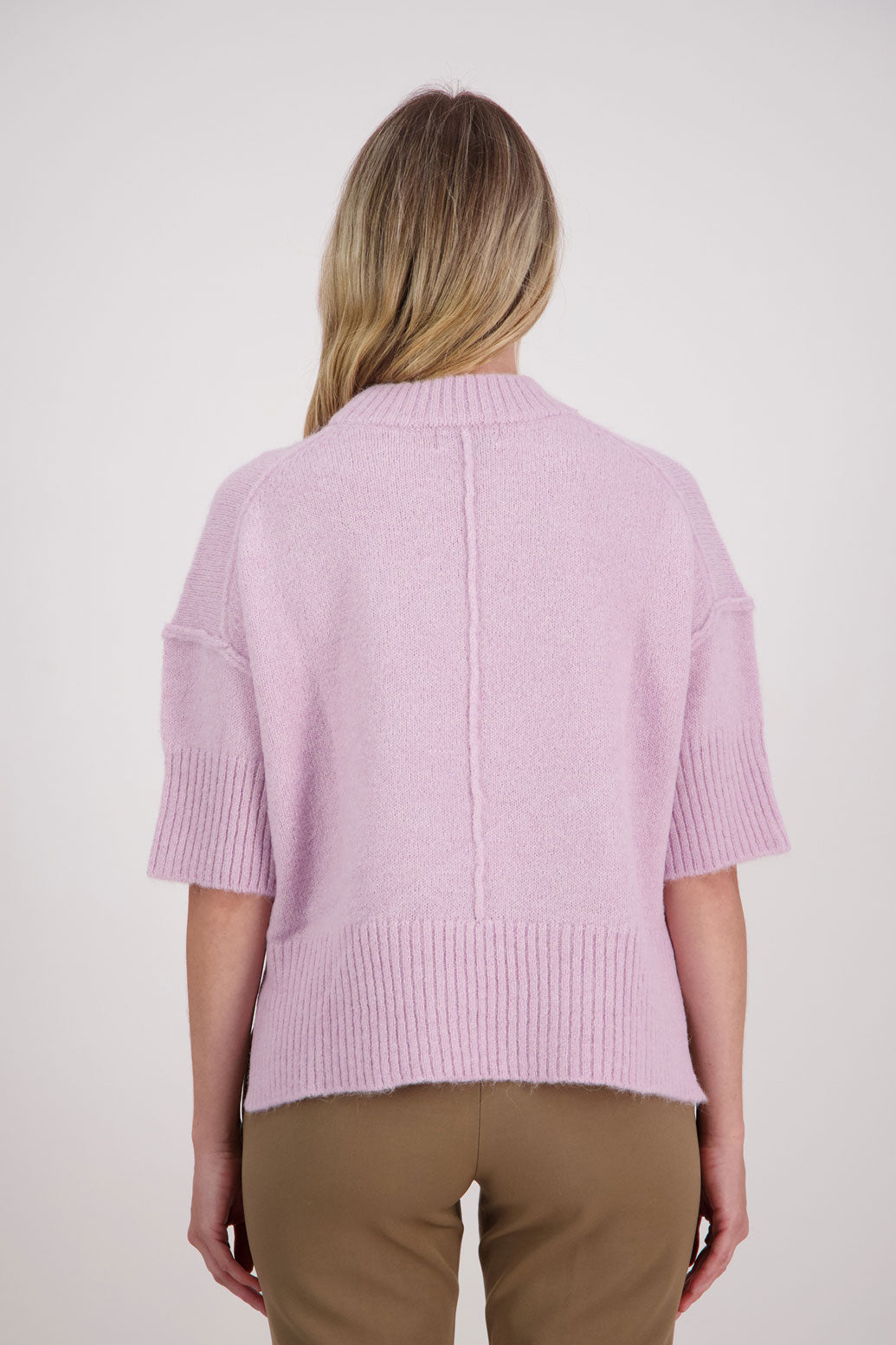 Pink/Mauve Alpaca/Wool blend top with elbow length sleeves and drop shoulder. Virginia