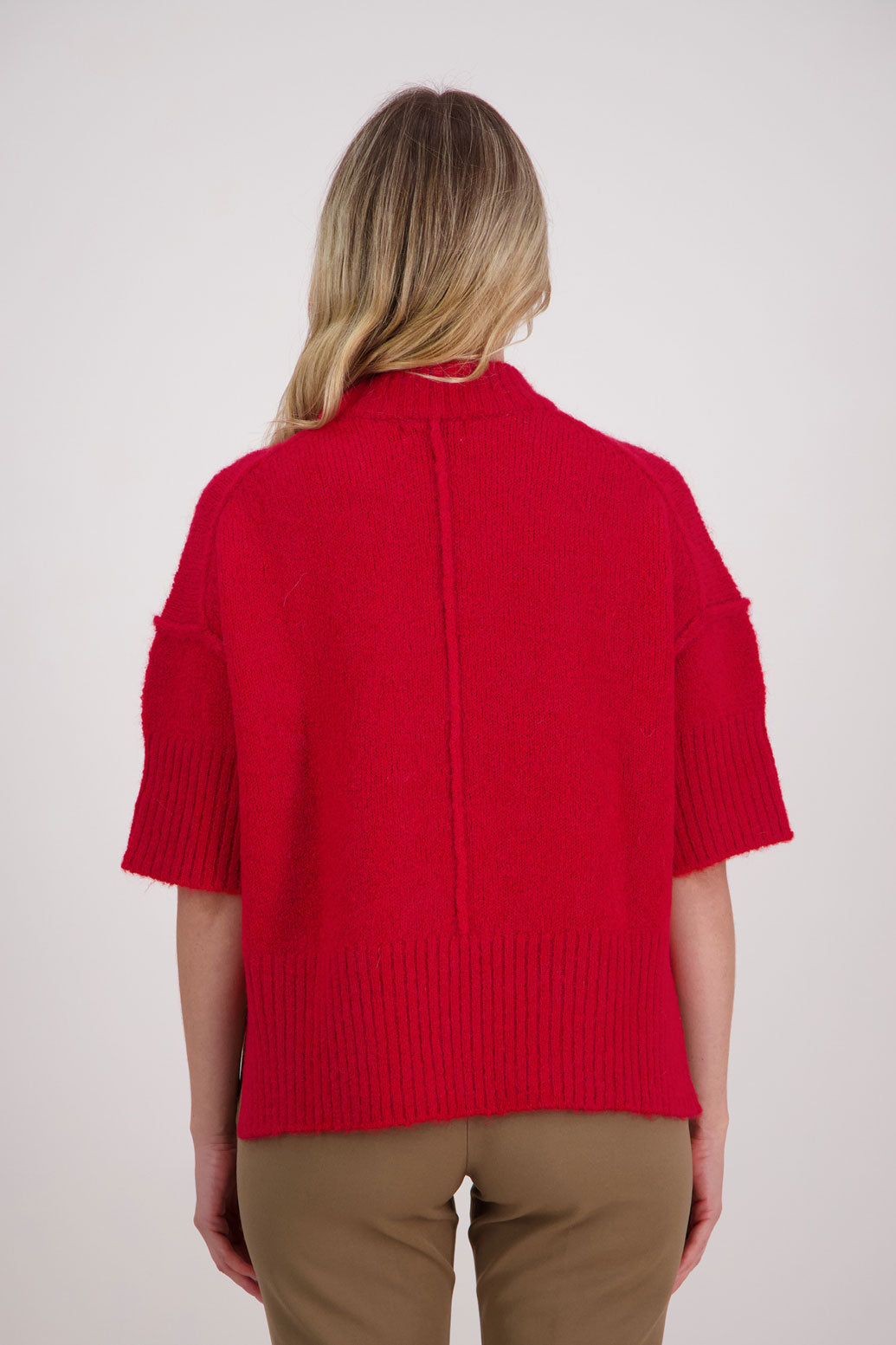 Red Alpaca/Wool blend top with elbow length sleeves and drop shoulder. Virginia