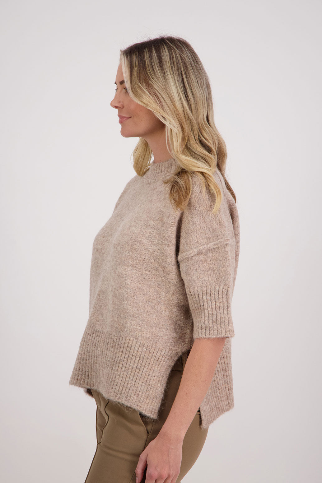 Taupe/Beige Alpaca/Wool blend top with elbow length sleeves and drop shoulder. Virginia