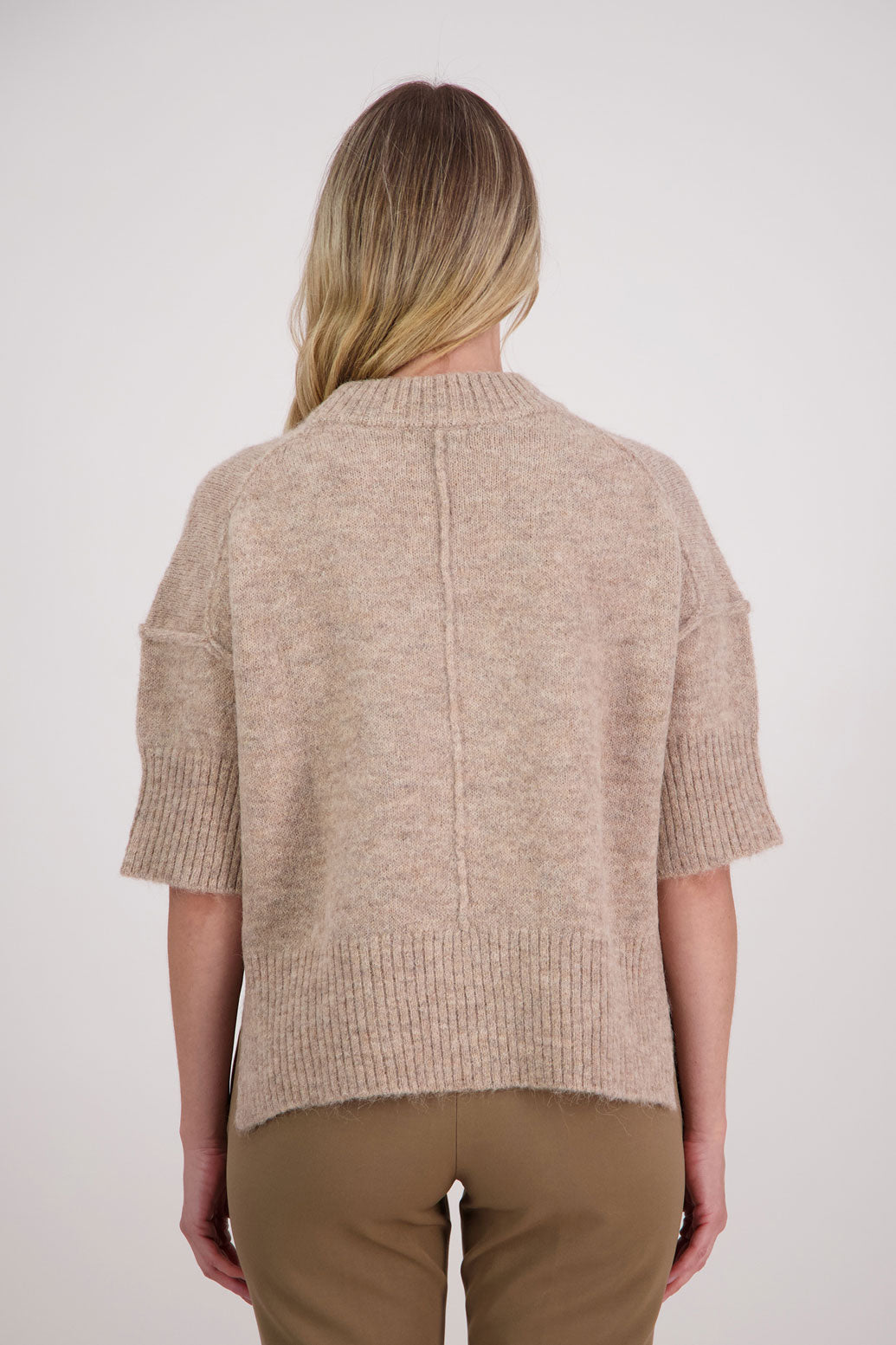 Taupe/Beige Alpaca/Wool blend top with elbow length sleeves and drop shoulder. Virginia