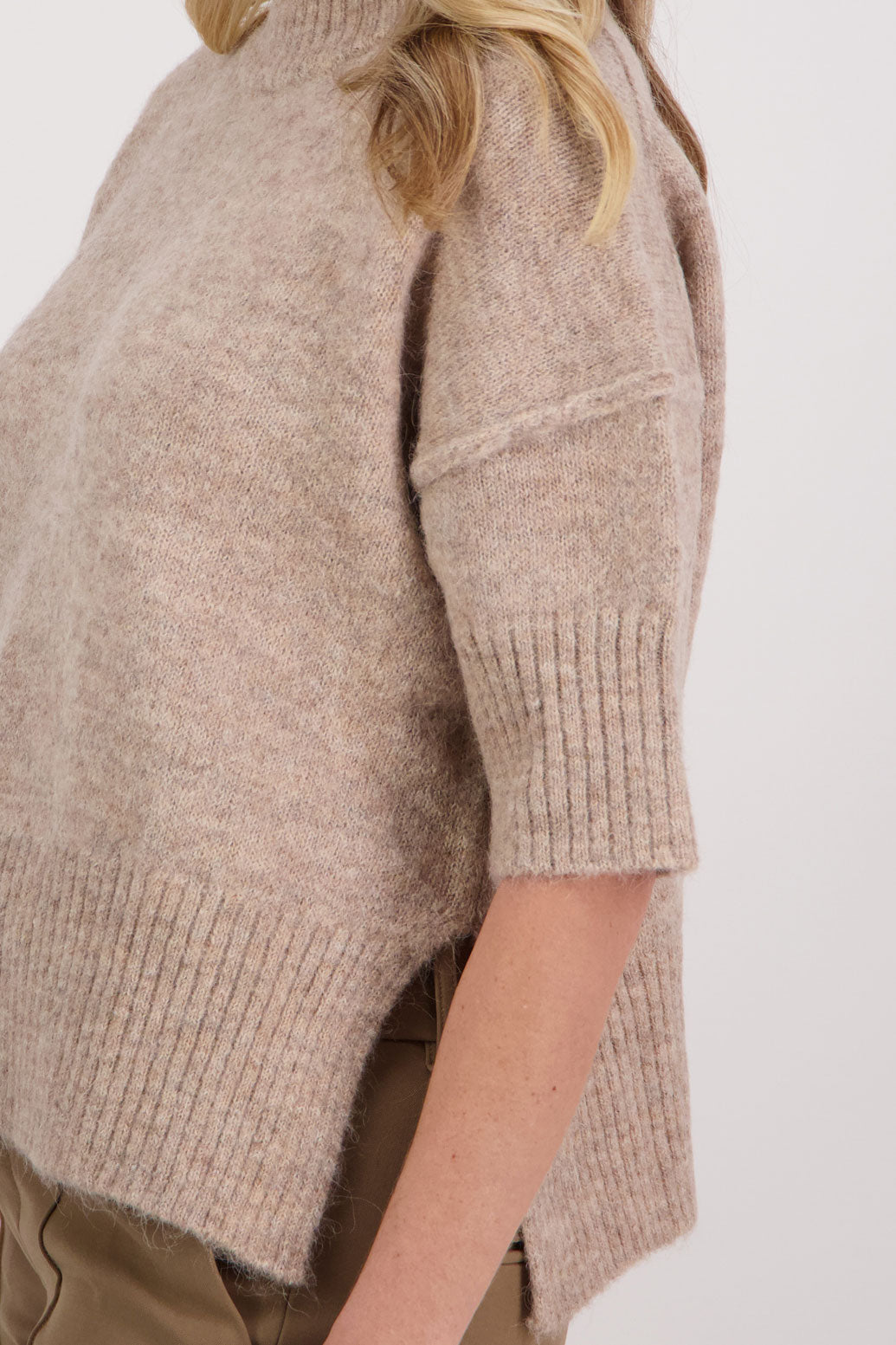 Taupe/Beige Alpaca/Wool blend top with elbow length sleeves and drop shoulder. Virginia