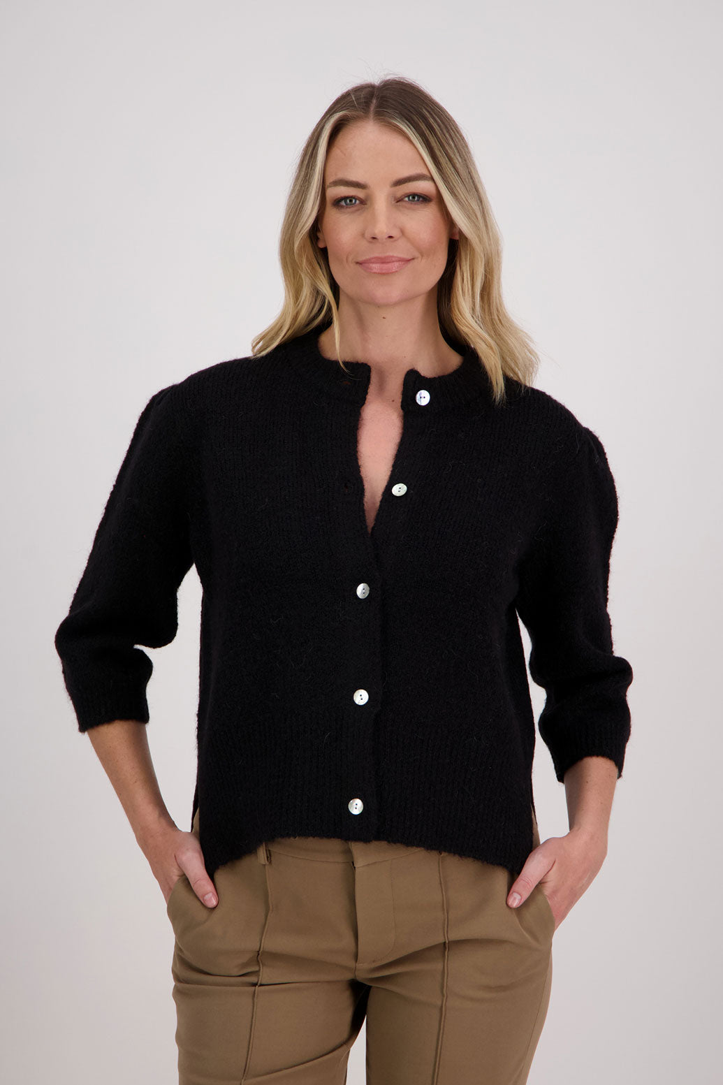 Black Briarwood Mohair/Wool blend cardigan with slight puff elbow length sleeves. Vivi