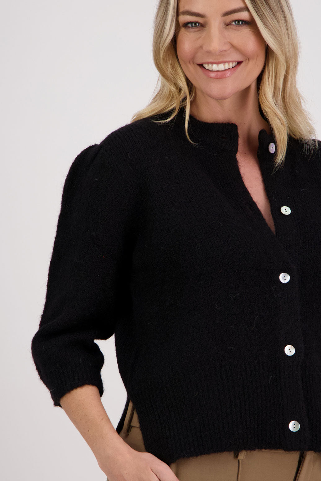 Black Briarwood Mohair/Wool blend cardigan with slight puff sleeves. Vivi