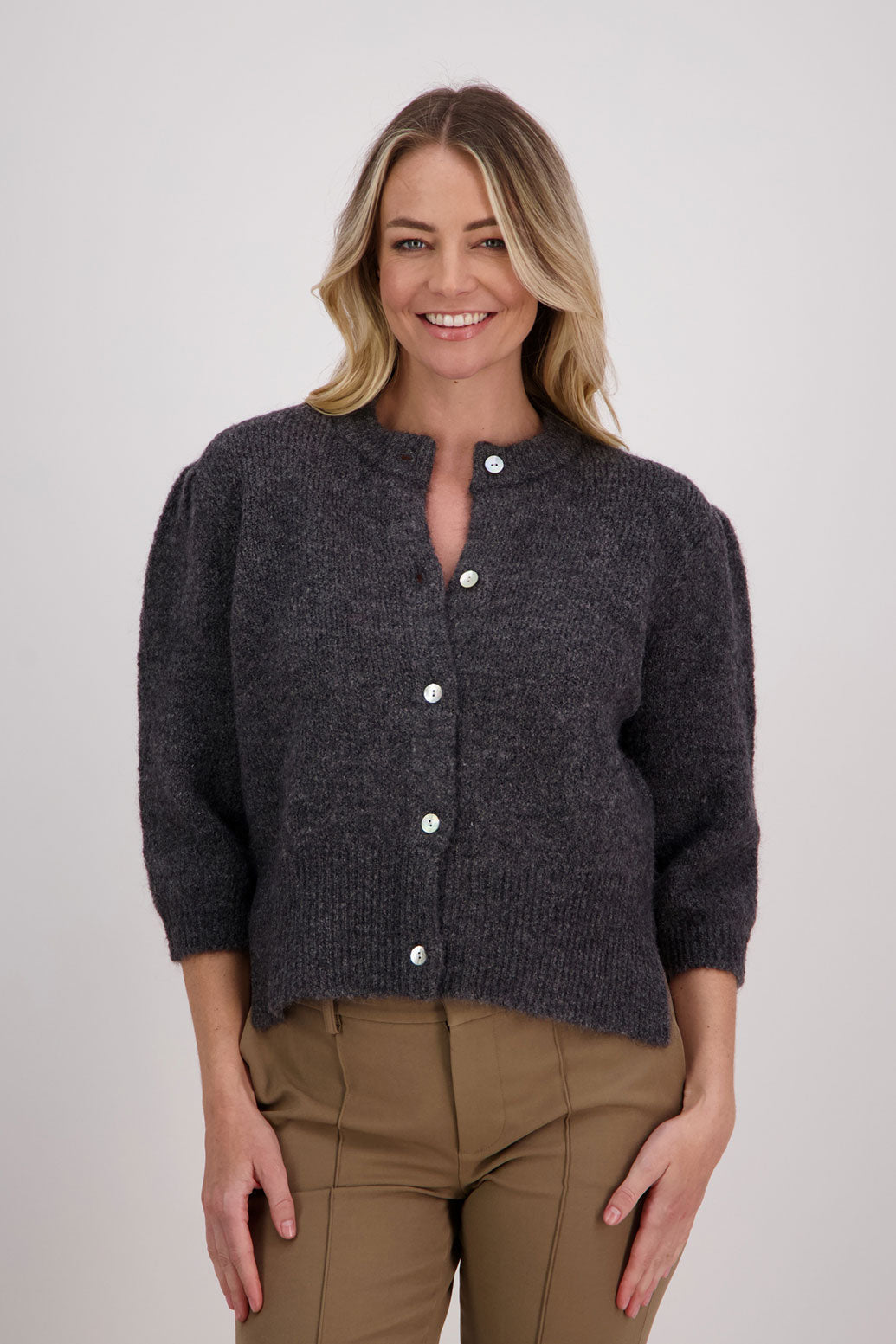 Charcoal Briarwood Mohair/Wool blend cardigan with slight puff elbow length sleeves. Vivi