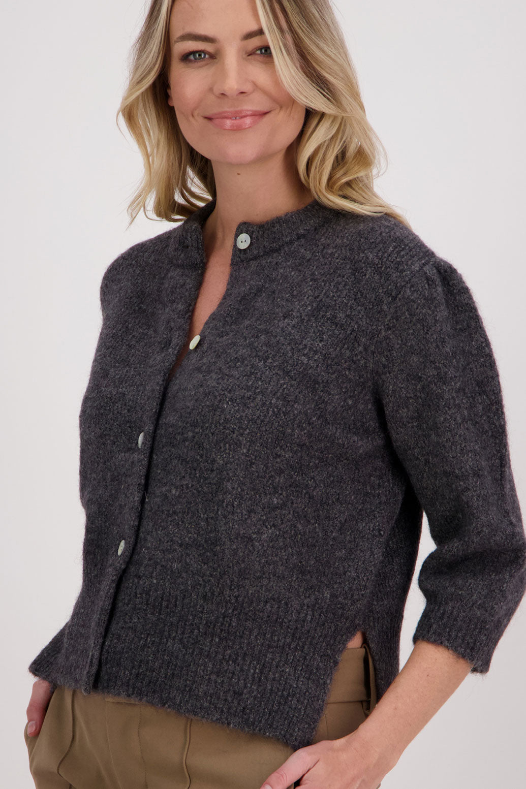 Charcoal Briarwood Mohair/Wool blend cardigan with slight puff elbow length sleeves. Vivi