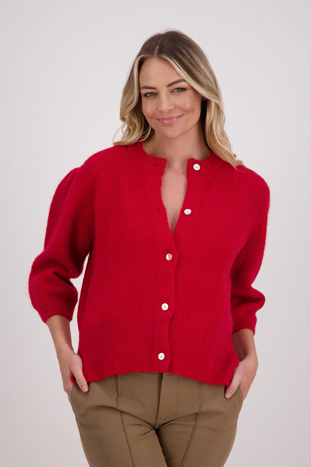 Red Briarwood Mohair/Wool blend cardigan with slight puff elbow length sleeves. Vivi