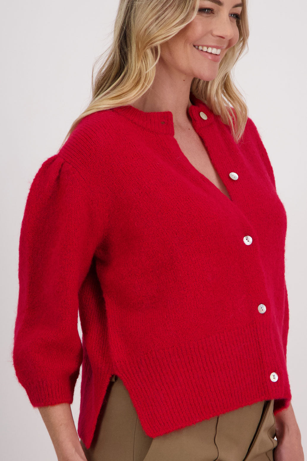 Red Briarwood Mohair/Wool blend cardigan with slight puff elbow length sleeves. Vivi