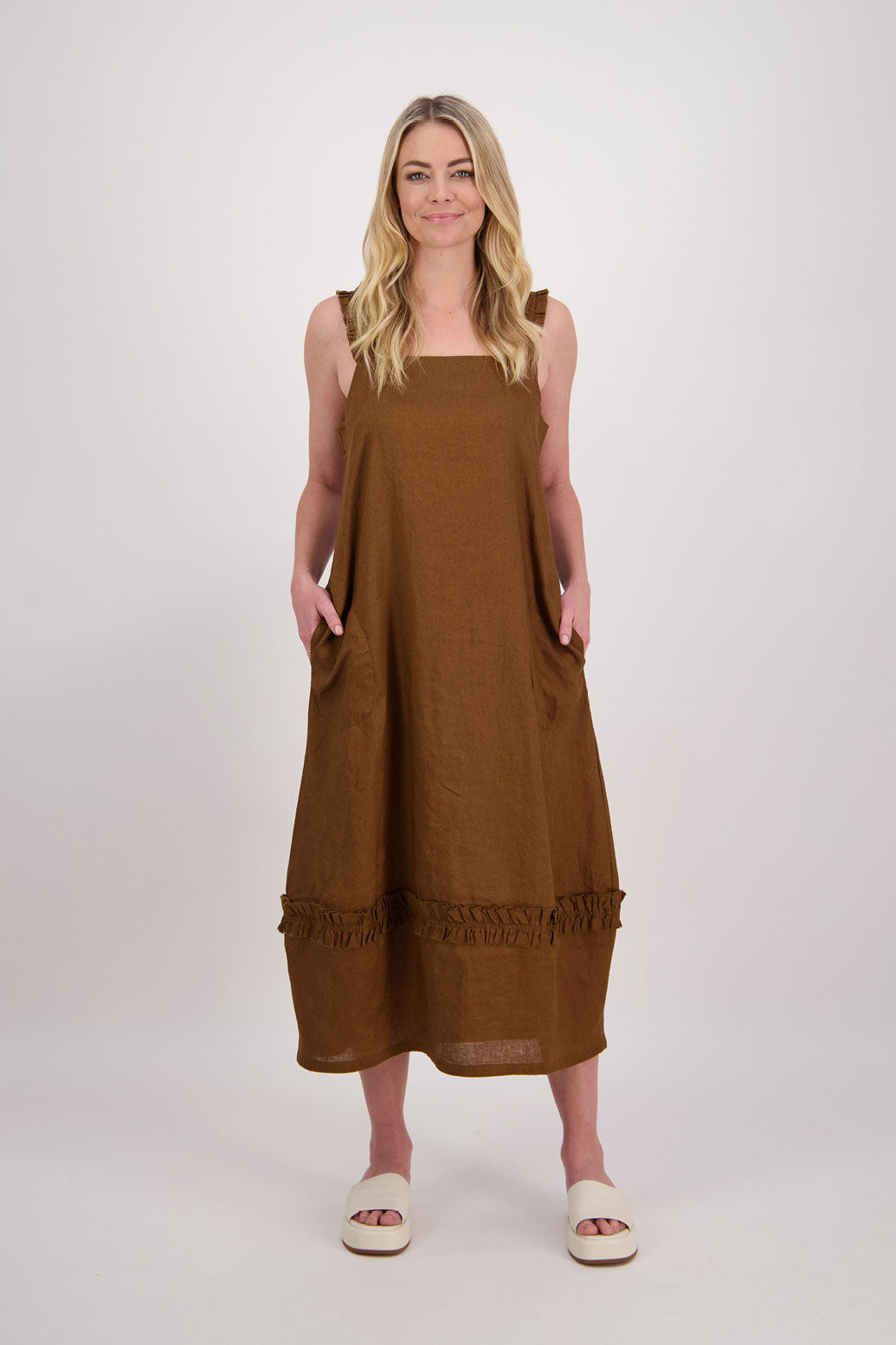 Webb Linen Dress with Bubble Hem - Tan