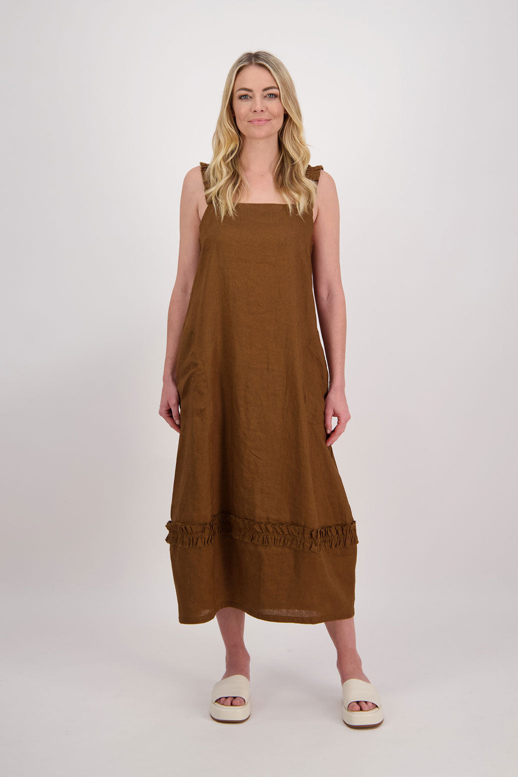 Webb Linen Dress with Bubble Hem - Tan