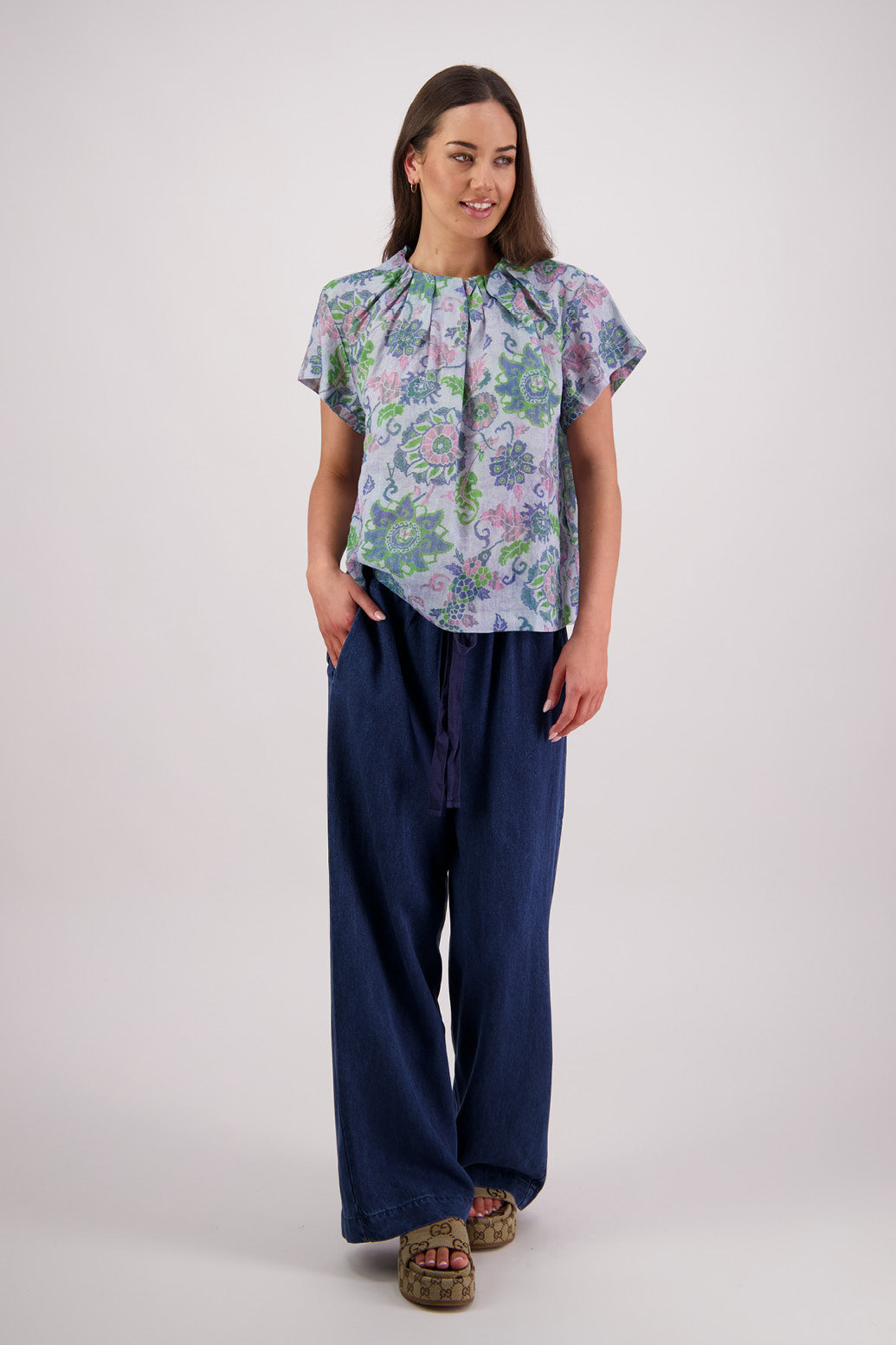 Pia Blue Floral Ramie Top