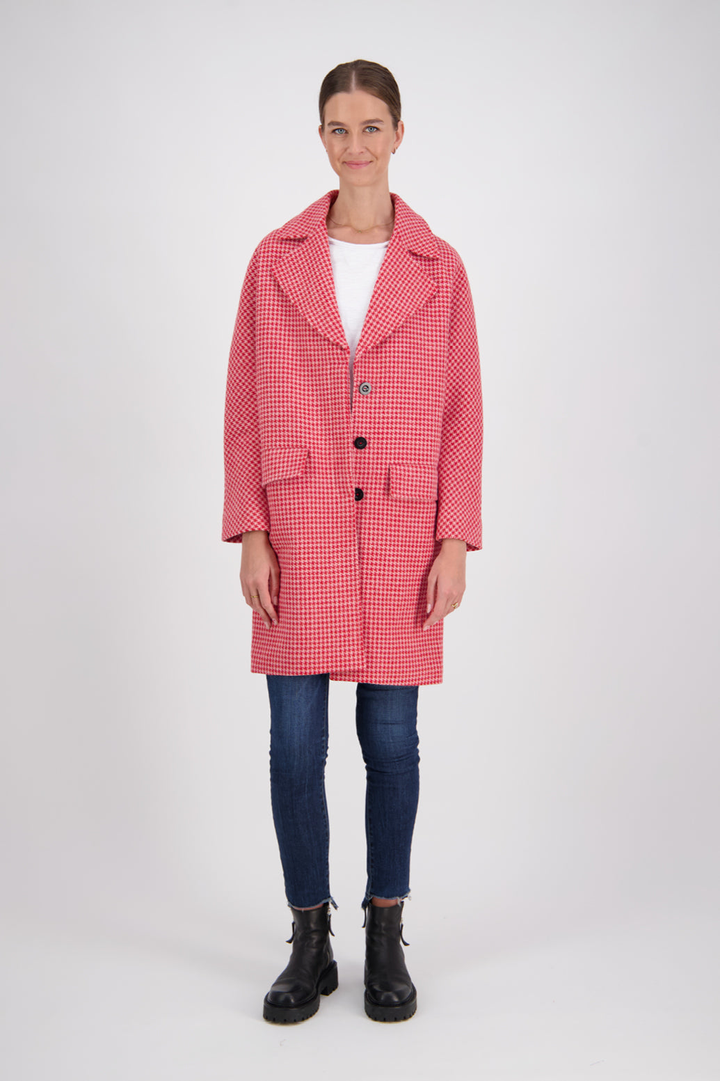 Marlo Wool Blend Coat - Red Houndstooth